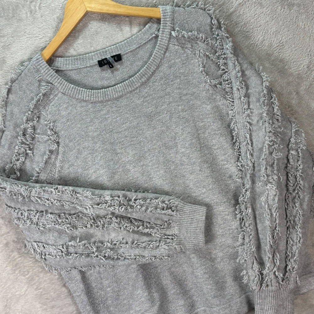 1.STATE Women's L Gray Textured Fringe Sleeve Pullover Sweater Crewneck Knit‎